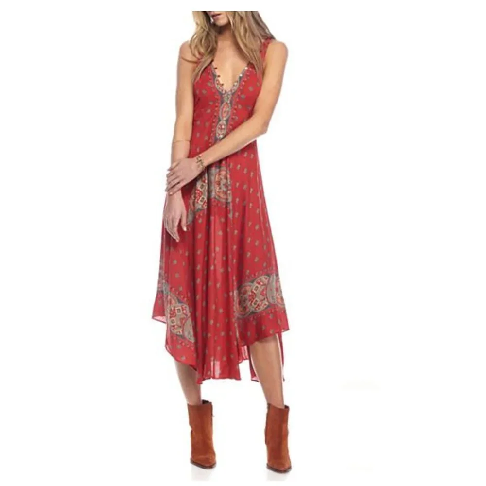 Free People Faithfully Yours V Neck Slip Dress Maxi Red Paisley Boho Hippie XS